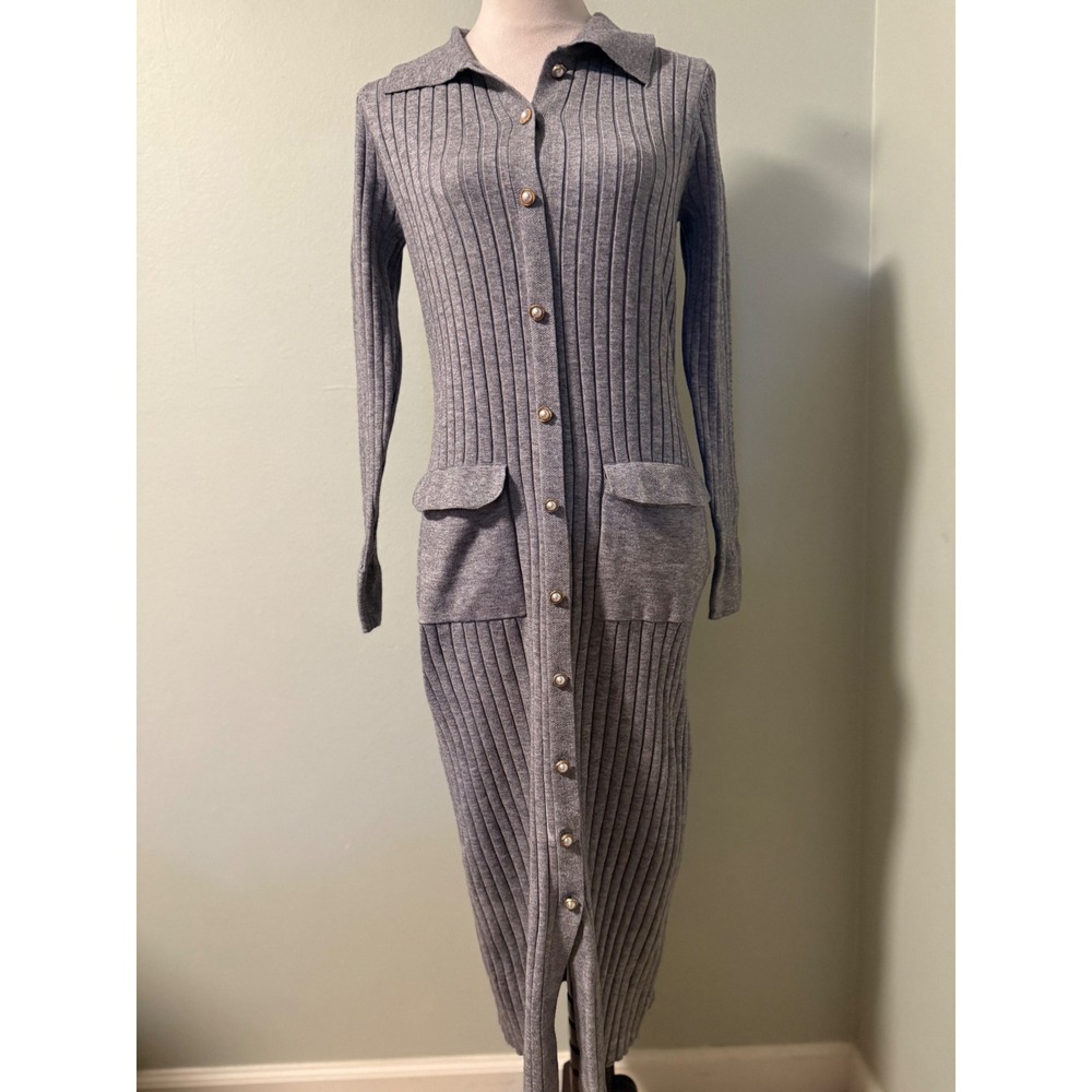 Nanette Lepore Ribbed Knit Collared‎ Button gray Midi Dress S classic body con - Picture 2 of 6